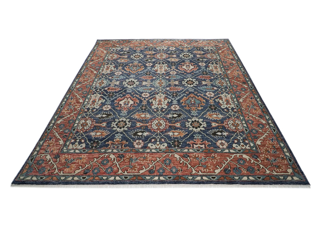 Palace Navy, Burnt Orange, Beige Color Hand Knotted Oushak Wool  Oriental Rug
