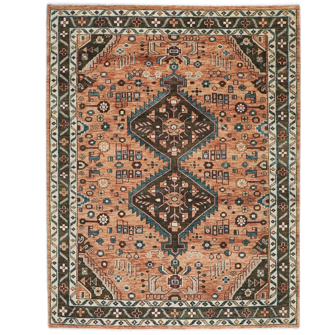 9x12 Peach, Green, Brown Color Hand Knotted Oushak Wool Southwestern Oriental Rug
