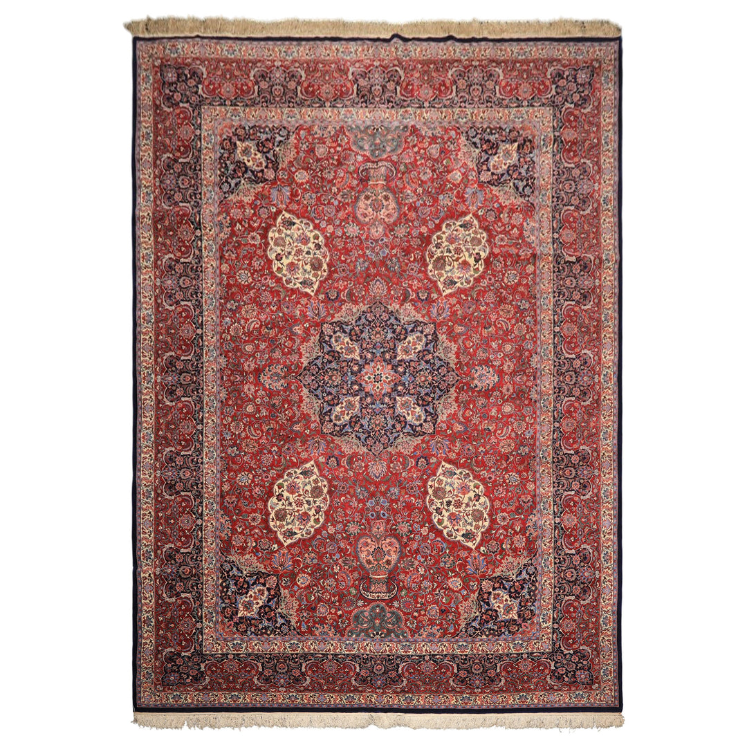10x14 Red, Navy, Ivory Color Hand Knotted Pak Persian Wool &amp; Silk Traditional Oriental Rug