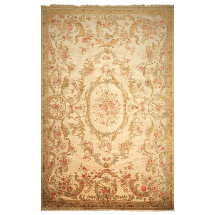 Palace Tan, Gold, Green Color Hand Knotted French Aubusson Savonnerie New Zealand Wool &amp; Silk Traditional Oriental Rug