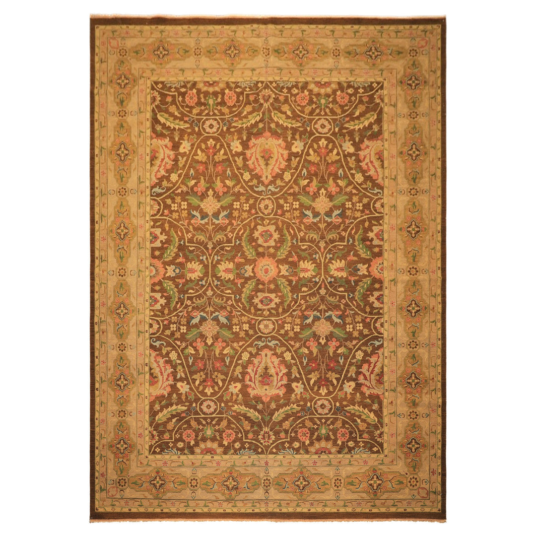 10x14 Brown, Moss, Gold Color Hand Knotted Soumak Wool Transitional Oriental Rug
