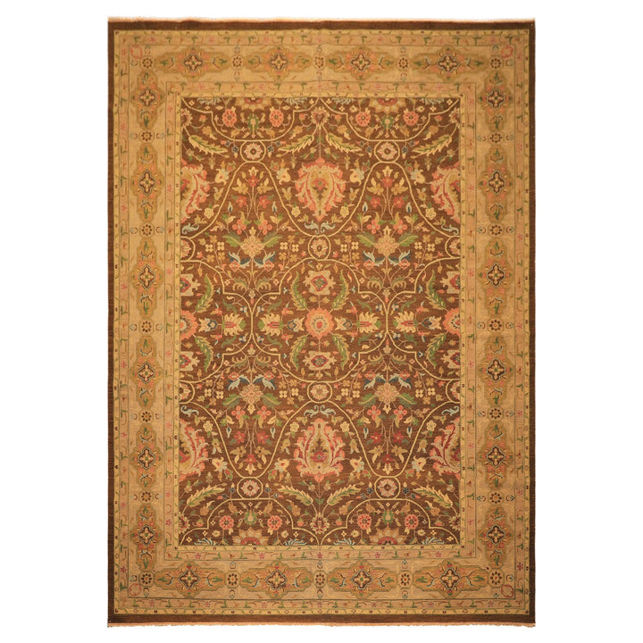 10x14 Brown, Moss, Gold Color Hand Knotted Soumak Wool Transitional Oriental Rug
