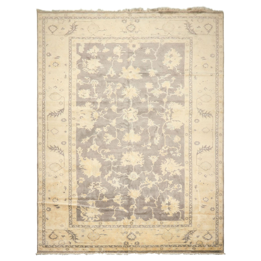 Palace Gray, Ivory, Light Gold Color Hand Knotted Oushak Wool Transitional Oriental Rug