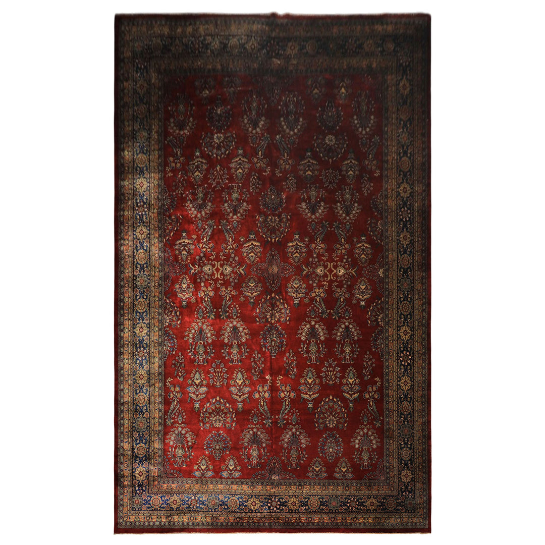 Runner Rusty Red, Navy, Mint Color Hand Knotted Sarouk New Zealand Wool Traditional Oriental Rug