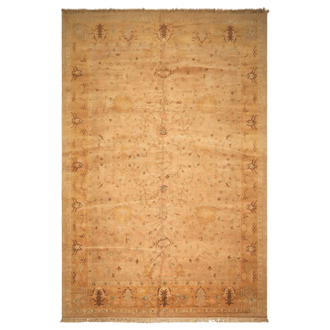 Palace Tan, Gold, Turquoise Color Hand Knotted Oushak Wool Transitional Oriental Rug