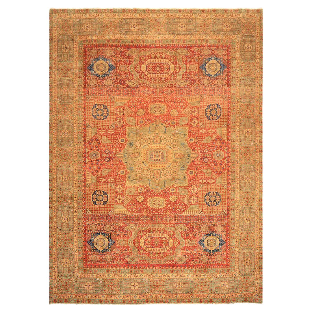 9x12 Burnt Orange, Gold, Celadone Color Hand Knotted Cairene Mamluk Wool Traditional Oriental Rug