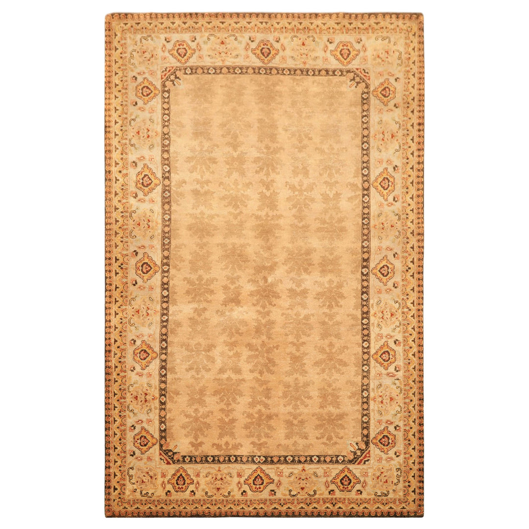 6x9 Tan, Ivory, Gold Color Hand Knotted Agra Wool Transitional Oriental Rug