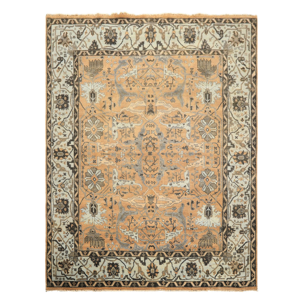 8x10 Peach, Blue, Charcoal Color Hand Knotted Oushak Wool Transitional Oriental Rug