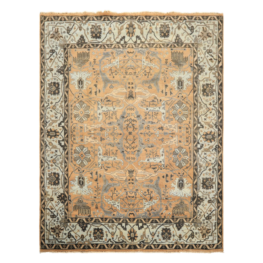 8x10 Peach, Blue, Charcoal Color Hand Knotted Oushak Wool Transitional Oriental Rug