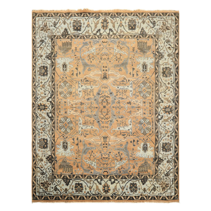 8x10 Peach, Blue, Charcoal Color Hand Knotted Oushak Wool Transitional Oriental Rug