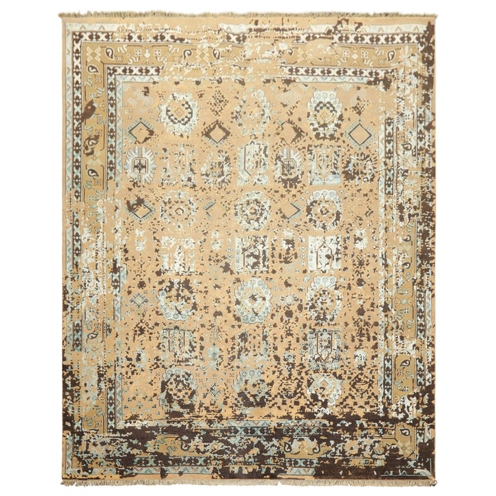 8x10 Beige, Moss, Chocolate Color Hand Knotted Oushak Wool &amp; Bamboo Silk Transitional Oriental Rug
