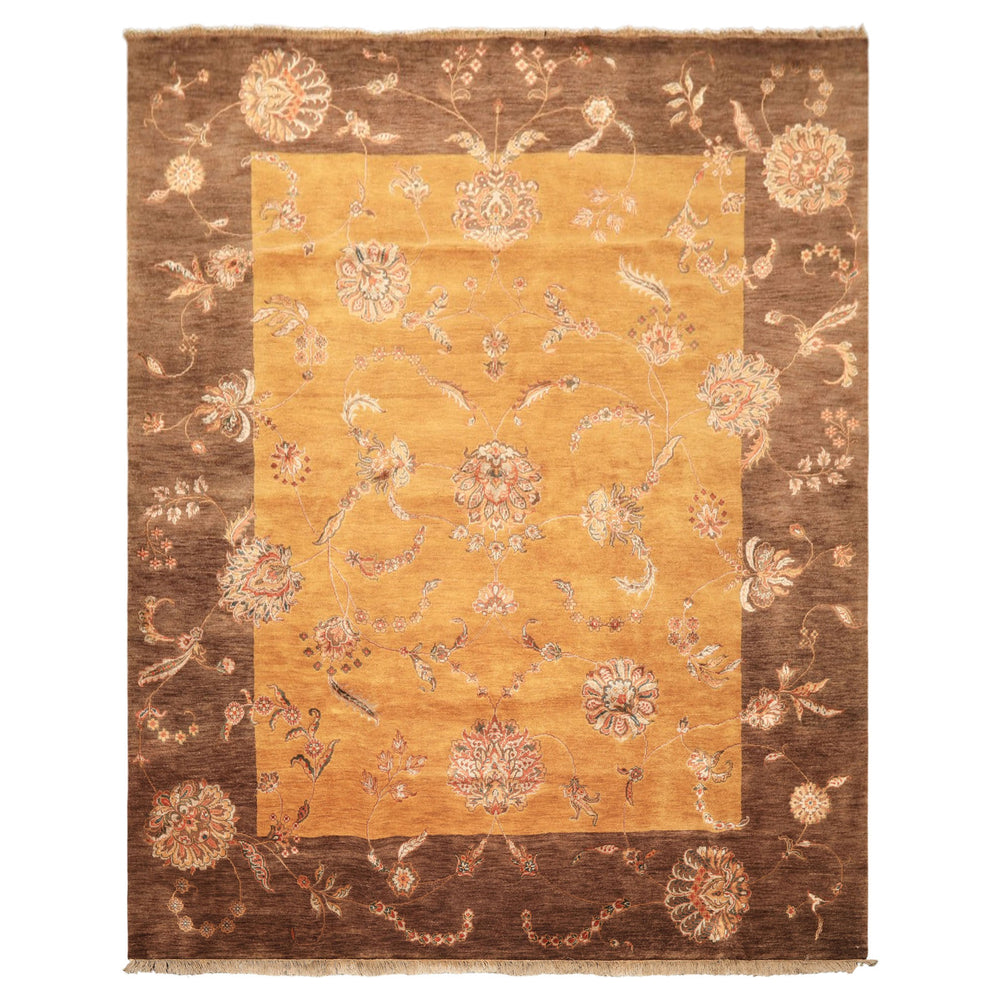8x10 Gold, Brown, Mint Color Hand Knotted Agra Wool & Silk Transitional Oriental Rug