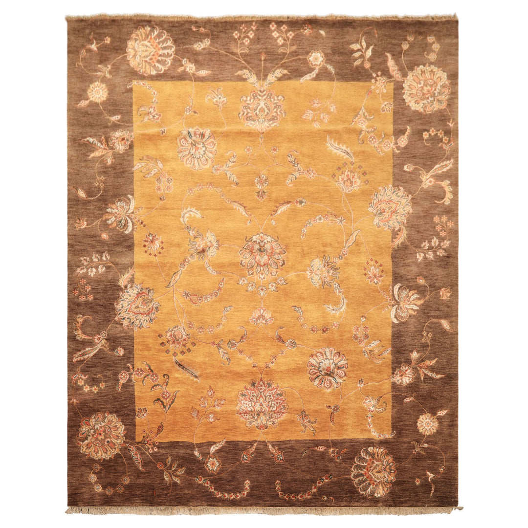 8x10 Gold, Brown, Mint Color Hand Knotted Agra Wool &amp; Silk Transitional Oriental Rug