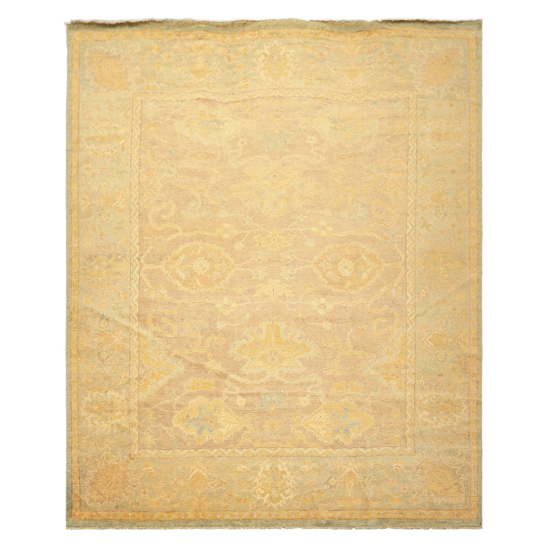 8x10 Taupe, Aqua, Gold Color Hand Knotted Oushak New Zealand Wool Transitional Oriental Rug