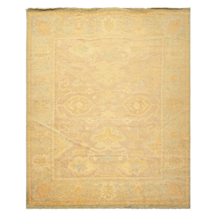 8x10 Taupe, Aqua, Gold Color Hand Knotted Oushak New Zealand Wool Transitional Oriental Rug