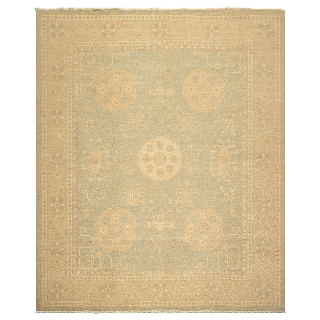 8x10 Mint, Tan, Beige Color Hand Knotted Khotan Wool Transitional Oriental Rug