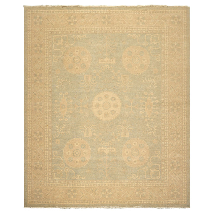 8x10 Mint, Tan, Beige Color Hand Knotted Khotan Wool Transitional Oriental Rug