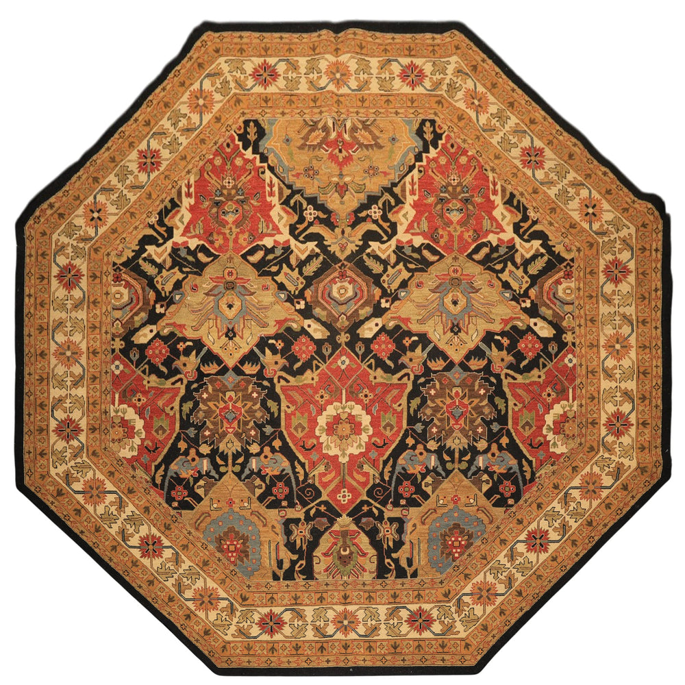 Octagon Black, Ivory, Gold Color Hand Knotted Soumak Wool Traditional Oriental Rug