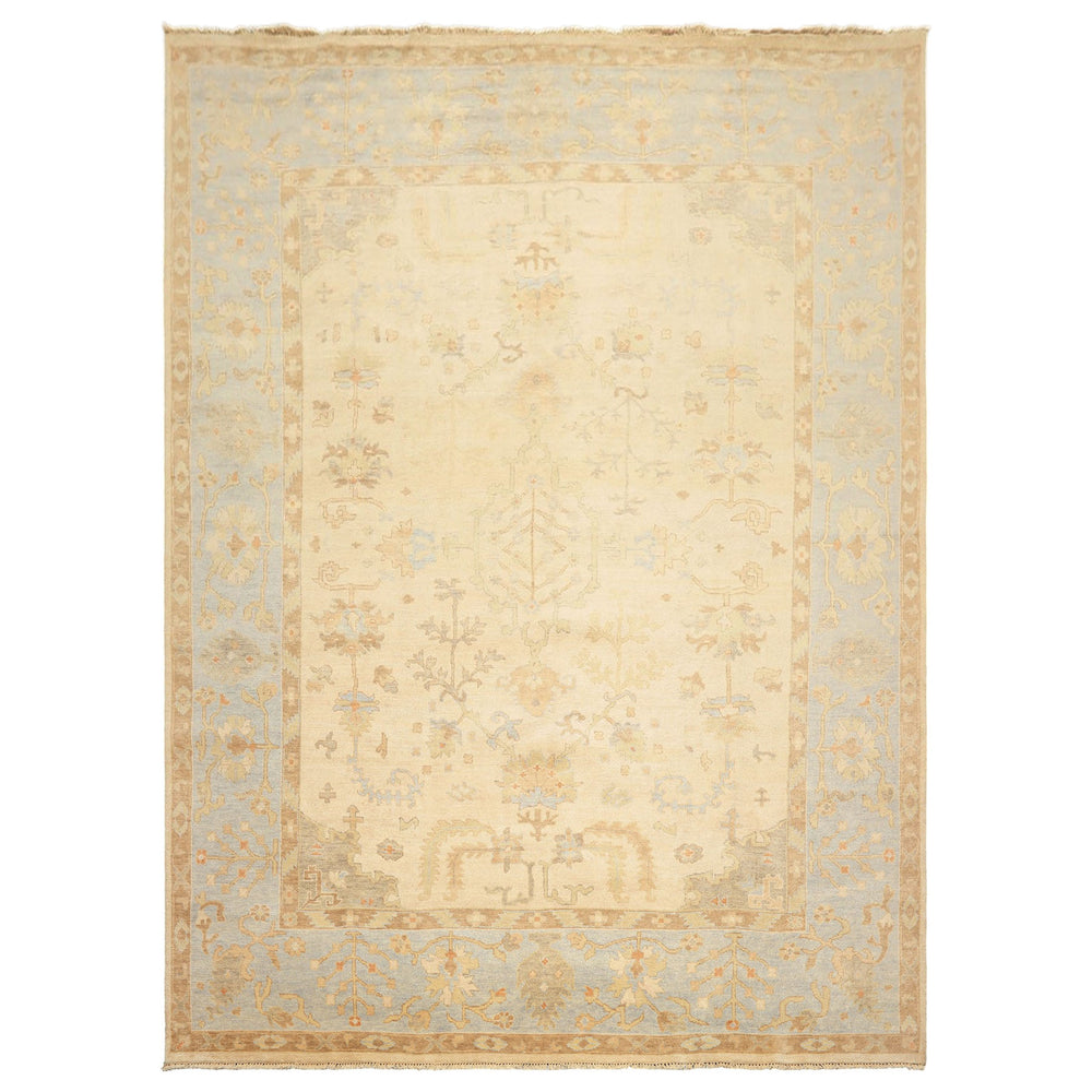 9x12 Ivory, Beige, Aqua Color Hand Knotted Oushak Wool Transitional Oriental Rug