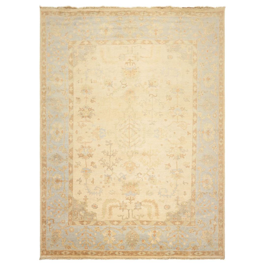 9x12 Ivory, Beige, Aqua Color Hand Knotted Oushak Wool Transitional Oriental Rug