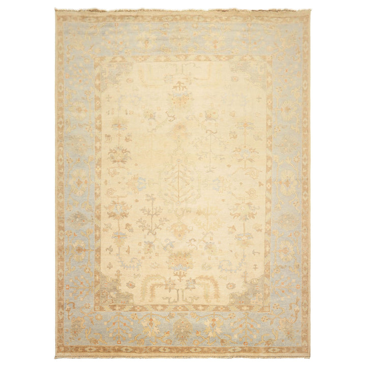 9x12 Ivory, Beige, Aqua Color Hand Knotted Oushak Wool Transitional Oriental Rug