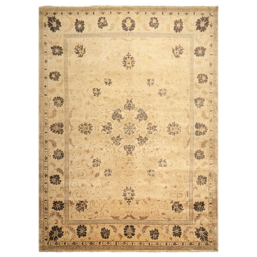9x12 Beige, Brown, Chocolate Color Hand Knotted Oushak New Zealand Wool Transitional Oriental Rug