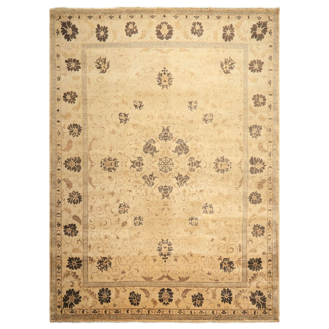 9x12 Beige, Brown, Chocolate Color Hand Knotted Oushak New Zealand Wool Transitional Oriental Rug