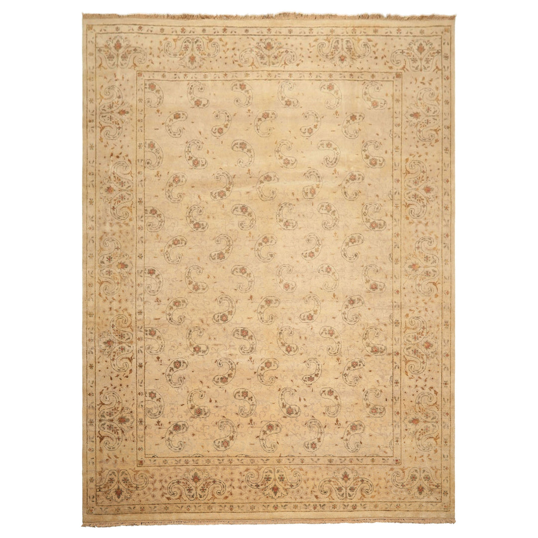 9x12 Beige, Caramel, Green Color Hand Knotted Agra Wool Traditional Oriental Rug