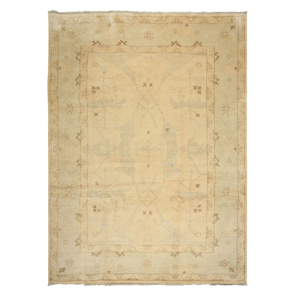 9x12 Beige, Celadon, Olive Color Hand Knotted Oushak Wool Transitional Oriental Rug