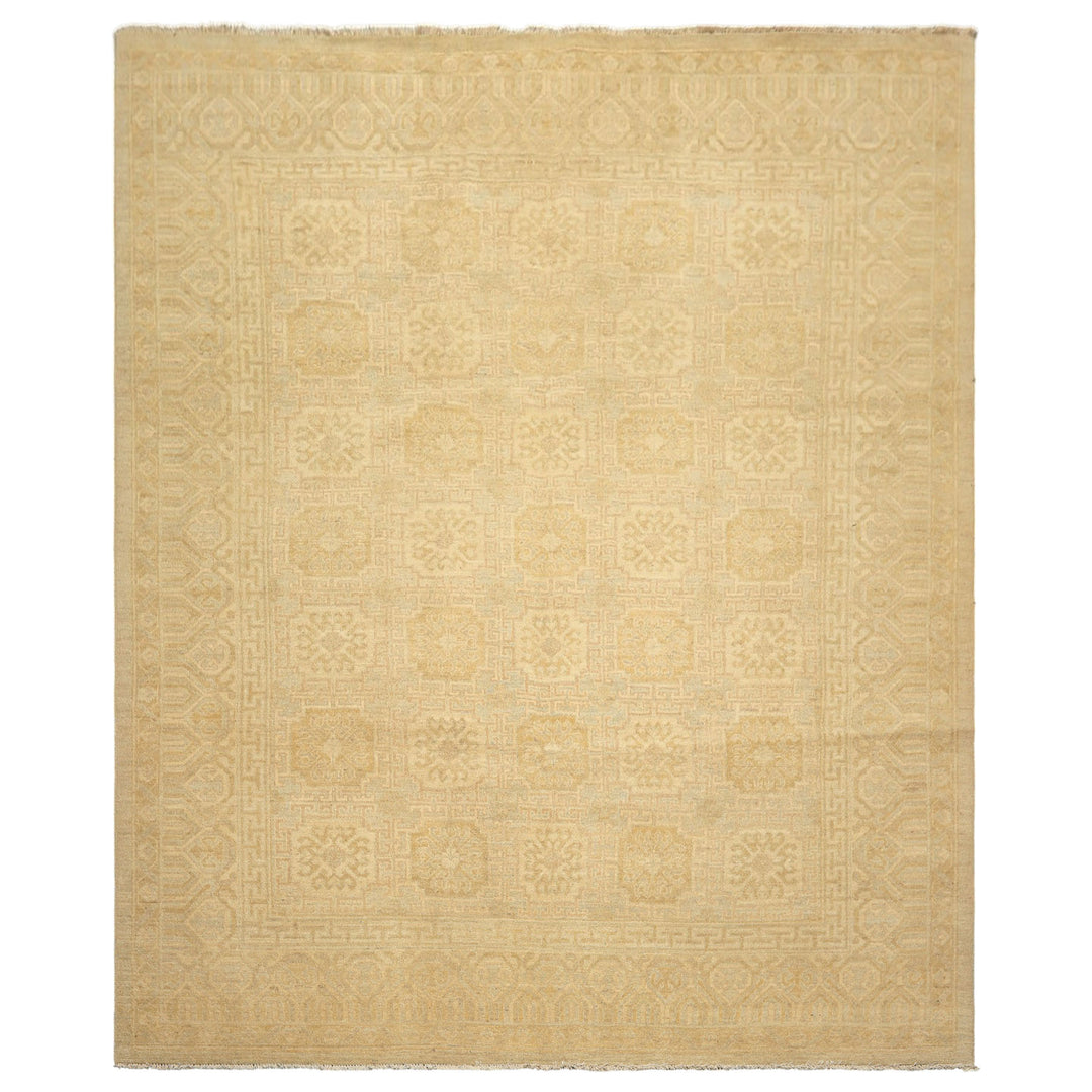 8x10 Beige, Tan, Celadon Color Hand Knotted Oushak Wool Transitional Oriental Rug