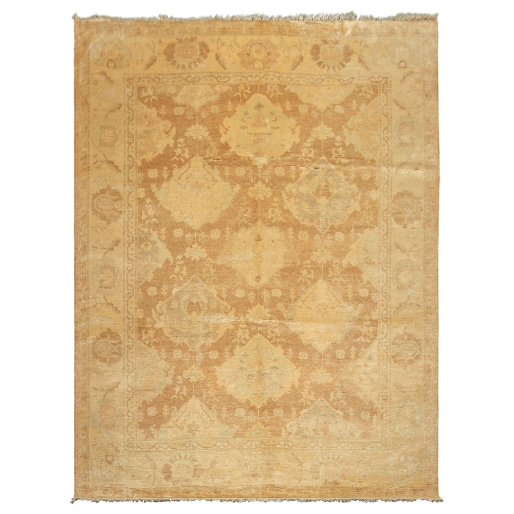8x10 Tan, Beige, Celadon Color Hand Knotted Oushak New Zealand Wool Transitional Oriental Rug