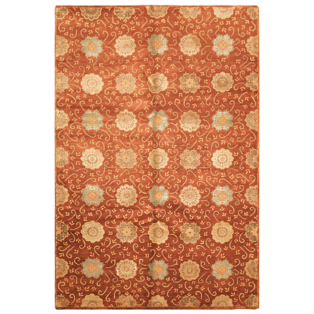 6x9 Burnt Orange, Mint, Blue Color Hand Knotted Tibetan Wool &amp; Bamboo Silk Transitional Oriental Rug