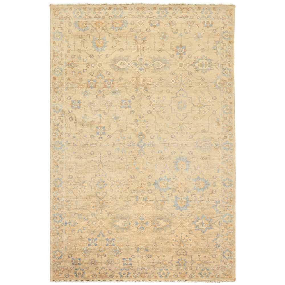 6x9 Beige, Aqua, Light Blue Color Hand Knotted Oushak Wool Transitional Oriental Rug