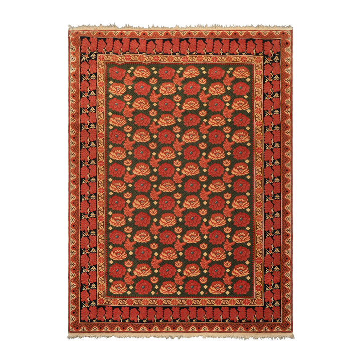 6x9 Green, Rose, Charcoal Color Hand Knotted  Wool Traditional Oriental Rug