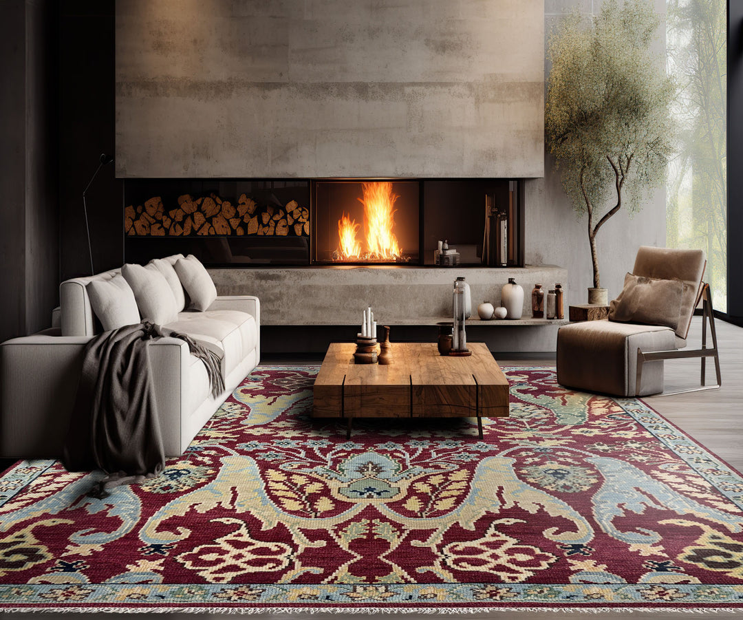 9x12 Wine, Mint, Blue Color Hand Knotted Oushak Wool  Oriental Rug