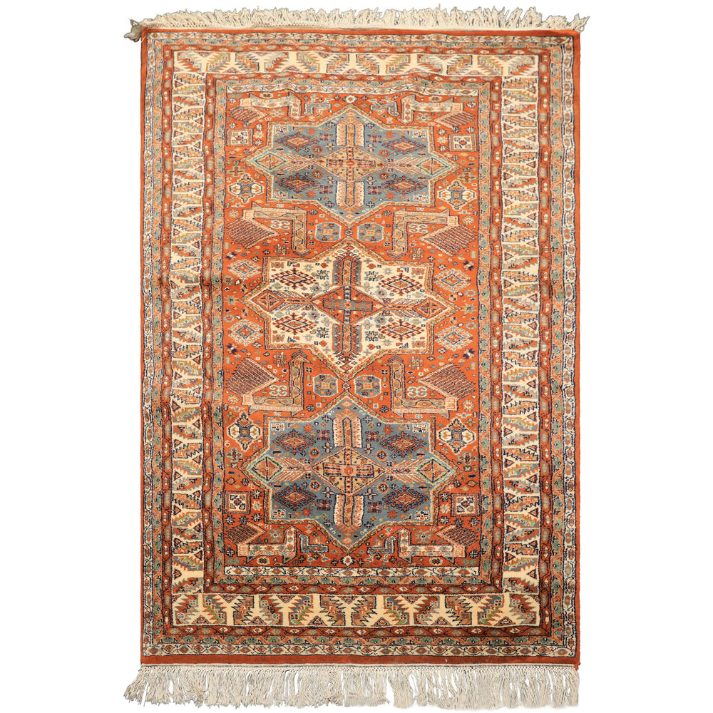 4x6 Burnt Orange, Ivory, Blue Color Hand Knotted Kazak Wool  Oriental Rug