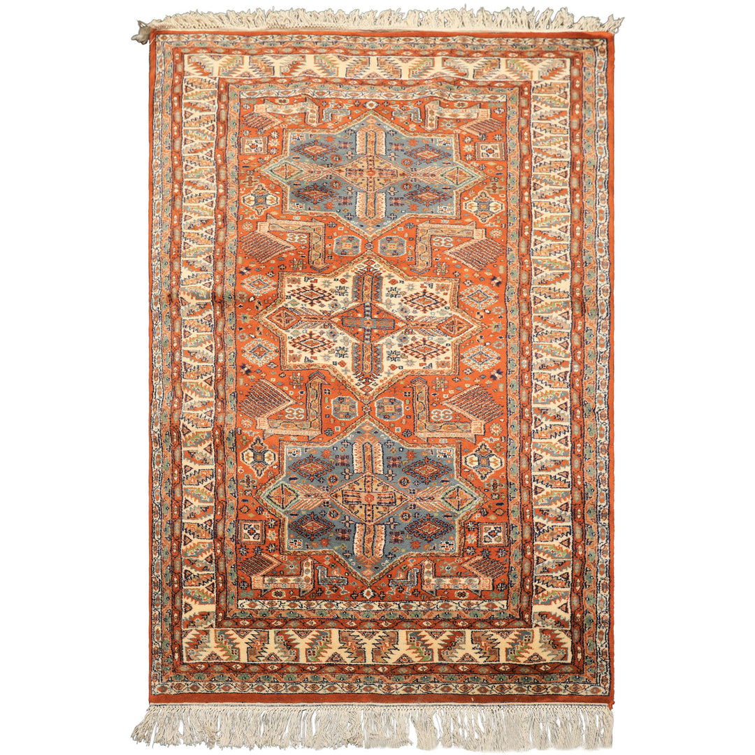 4x6 Burnt Orange, Ivory, Blue Color Hand Knotted Kazak Wool  Oriental Rug