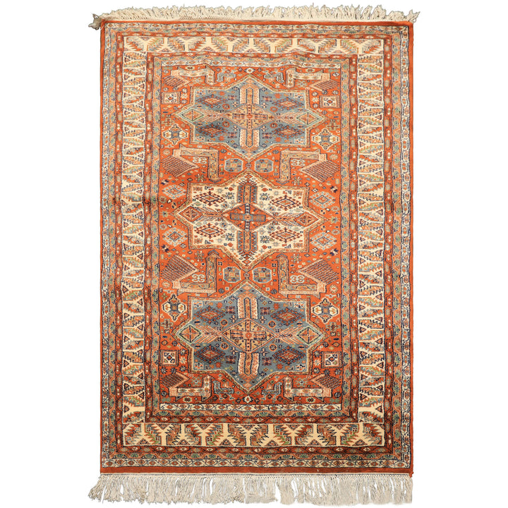 4x6 Burnt Orange, Ivory, Blue Color Hand Knotted Kazak Wool  Oriental Rug