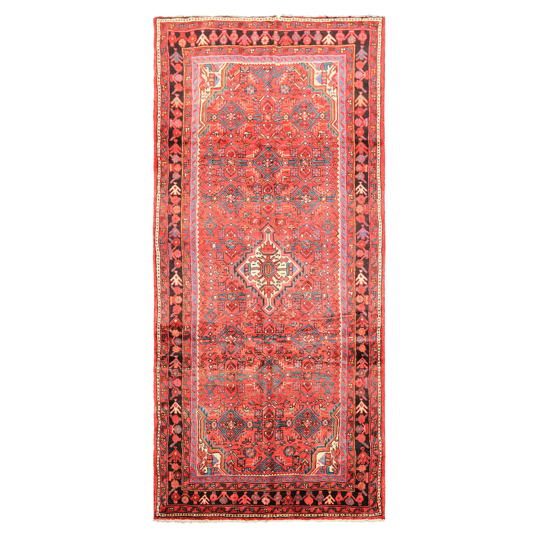 Runner Red, Rose, Charcoal Color Hand Knotted Heriz Wool Traditional Oriental Rug
