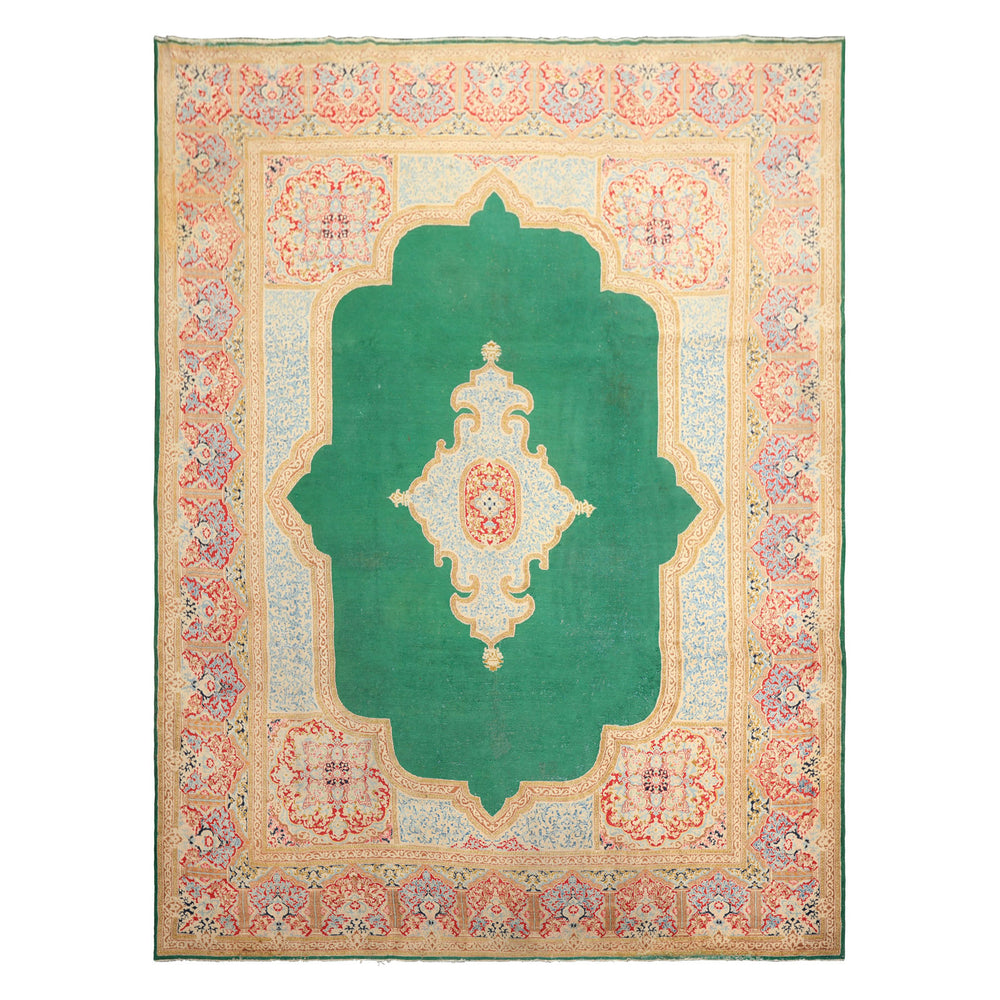9x12 Green, Ivory, Rose Color Hand Knotted Kerman Wool Traditional Oriental Rug