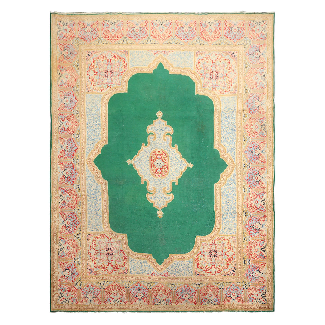 9x12 Green, Ivory, Rose Color Hand Knotted Kerman Wool Traditional Oriental Rug