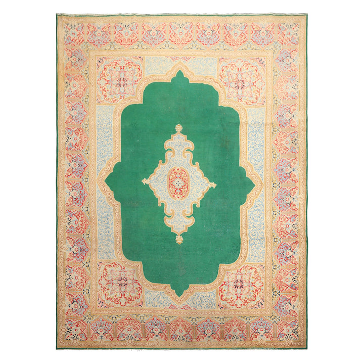 9x12 Green, Ivory, Rose Color Hand Knotted Kerman Wool Traditional Oriental Rug
