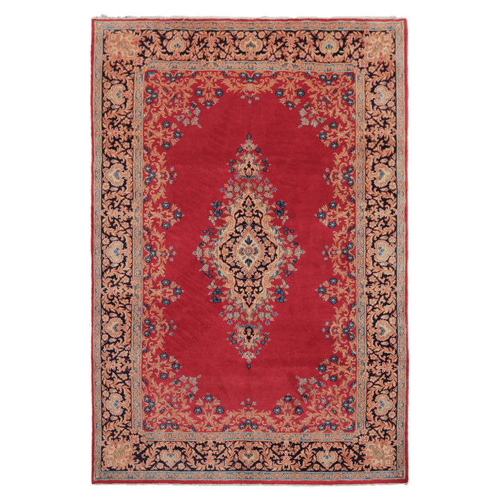 7x10 Red, Navy, Aqua Color Hand Knotted Kerman Wool Traditional Oriental Rug