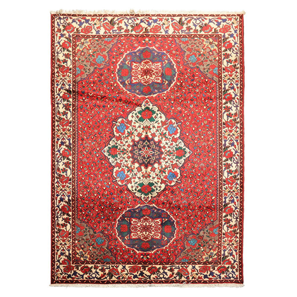 7x10 Red, Ivory, Blue Color Hand Knotted Ghom Wool Traditional Oriental Rug