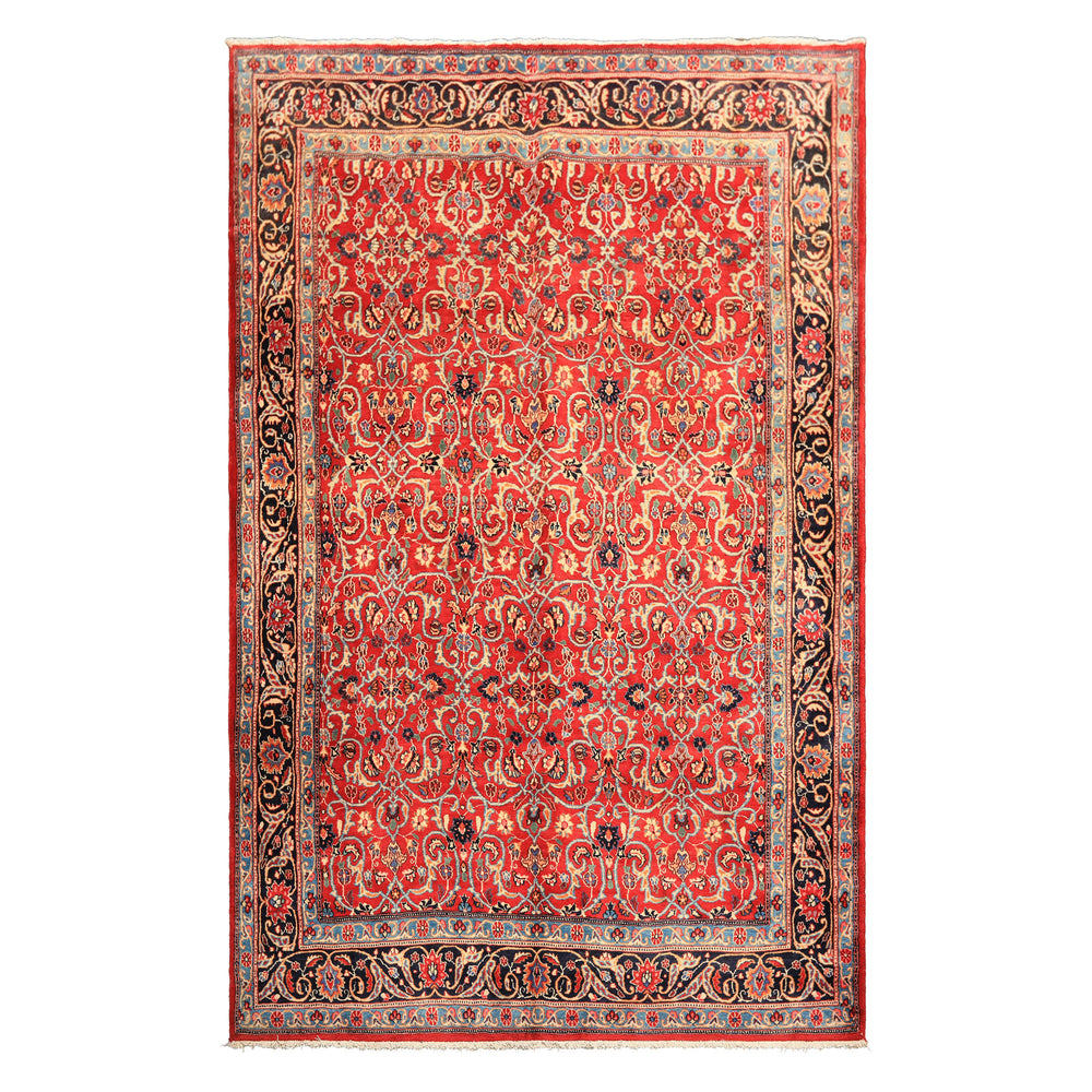 7x10 Red, Midnight Blue, Orange Color Hand Knotted Kashmar Wool Traditional Oriental Rug
