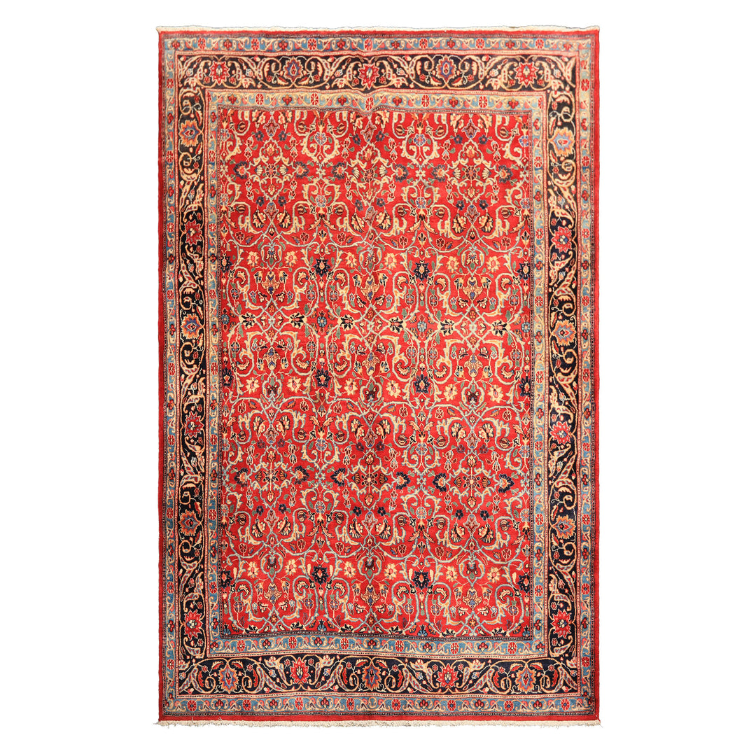 7x10 Red, Midnight Blue, Orange Color Hand Knotted Kashmar Wool Traditional Oriental Rug
