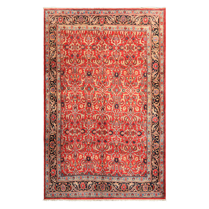 7x10 Red, Midnight Blue, Orange Color Hand Knotted Kashmar Wool Traditional Oriental Rug