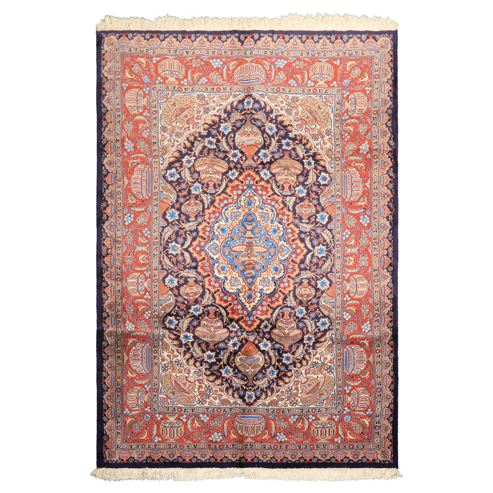 6x9 Navy, Burnt Orange, Ivory Color Hand Knotted Kashmar Wool Traditional Oriental Rug