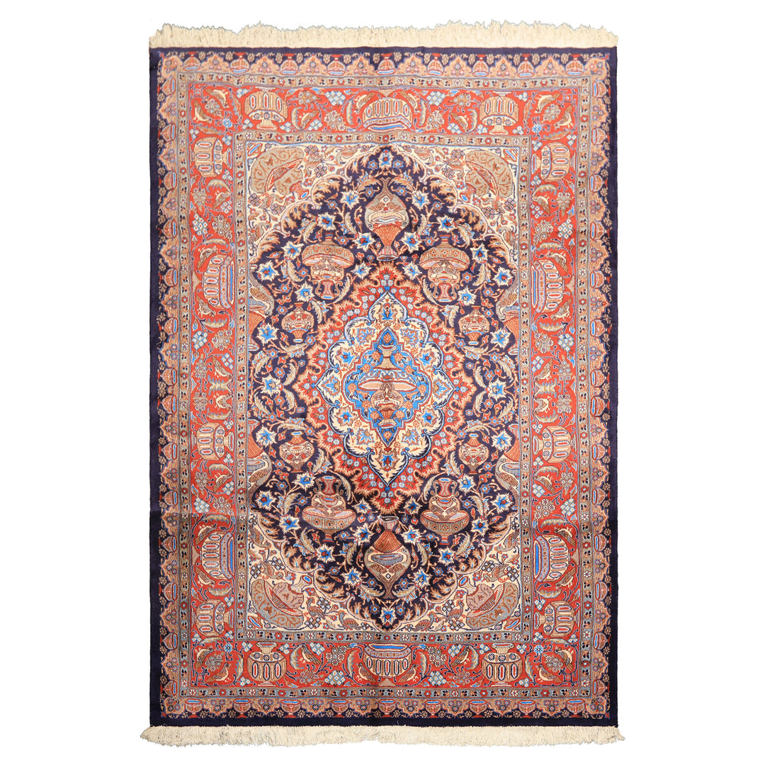 6x9 Navy, Burnt Orange, Ivory Color Hand Knotted Kashmar Wool Traditional Oriental Rug