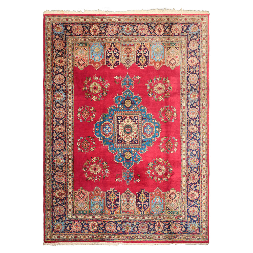 8x11 Coral, Navy, Ivory Color Hand Knotted Tabriz Wool Traditional Oriental Rug